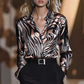 Fashionable Abstract Animal Print Satin Commuter Slim-fit Long-sleeve Shirt