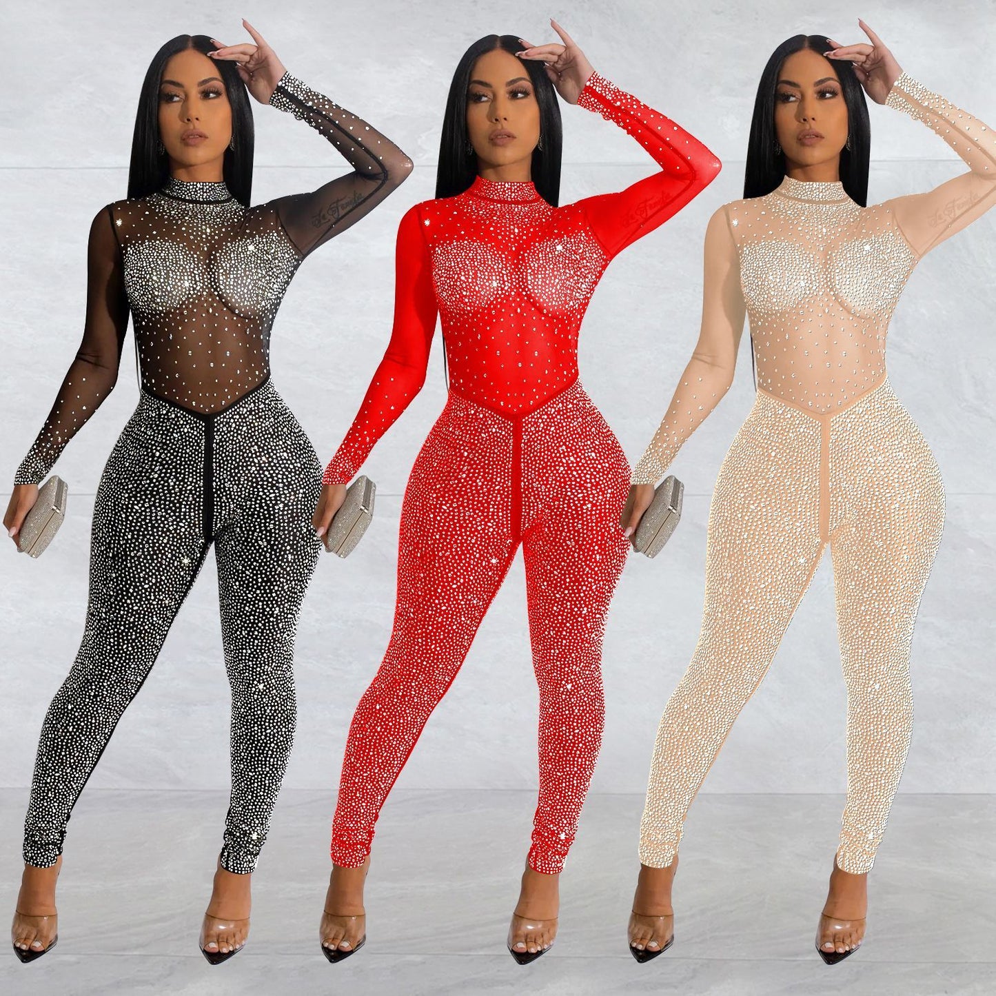 Fashion Women's Color Mesh Drilling Long Sleeve Jumpsuit