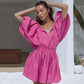 Costume décontracté col en V coton et lin vêtements pour femmes chemise à manches lanternes jupe courte costume deux pièces