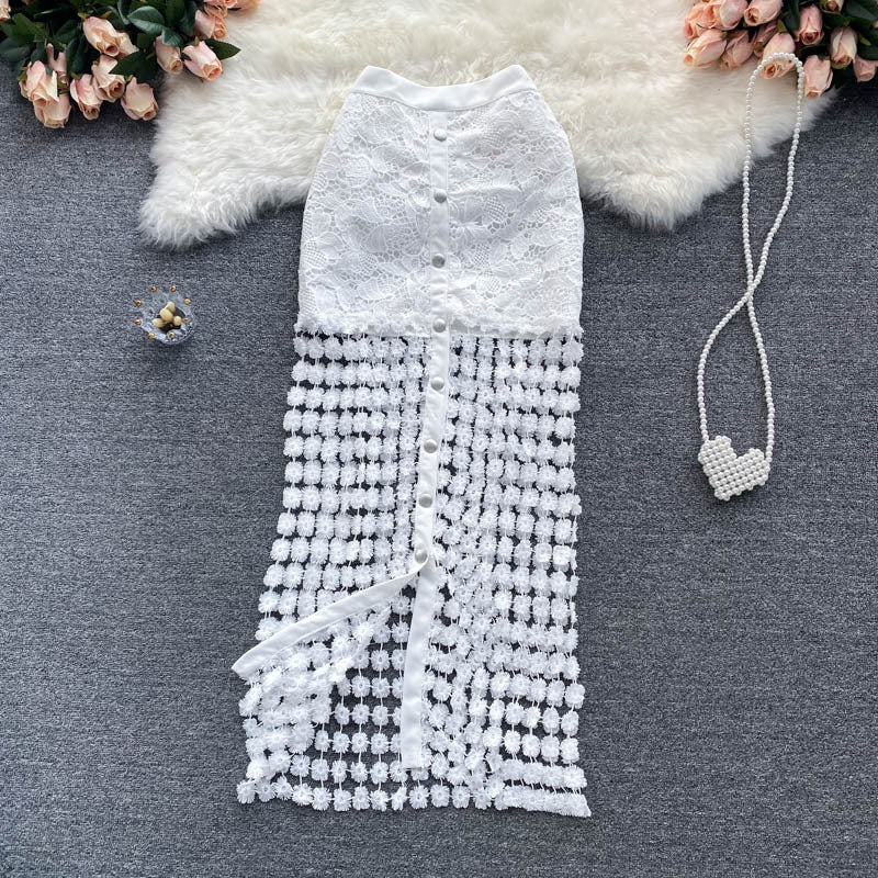 Black And White Hollow Outer Skirt Female Elegant Button Tempered Stickers Falda Party High-end Women's Clothing