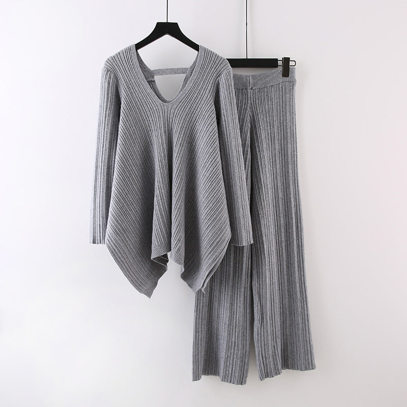 Ensemble pull-over élégant et tendance pour l'automne, haut en tricot plissé irrégulier à col en V, pantalon large