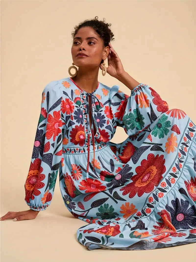 Printed Flared Skirt Long Sleeve Lace Up Casual Dress