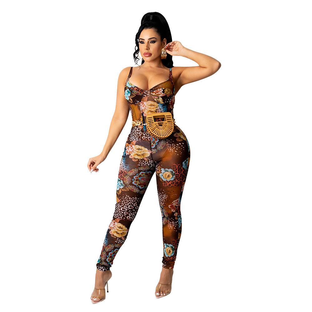 Suspender Mesh Printed Jumpsuit