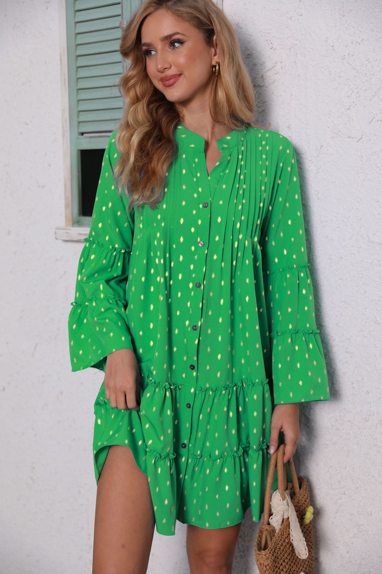 Printing Gilded Pleated Bell Sleeve Loose Dress