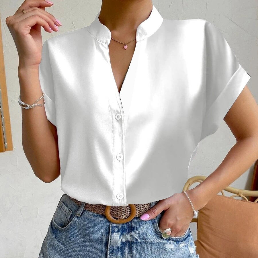 Women's Simple Solid Color And V-neck Button Cardigan Shirt