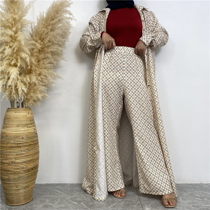 Fashion Printed Satin Full Button Long Cardigan And Pocket Pants Set