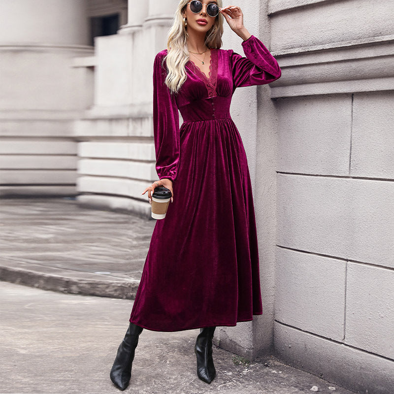 Robe longue en dentelle patchwork élégante en velours