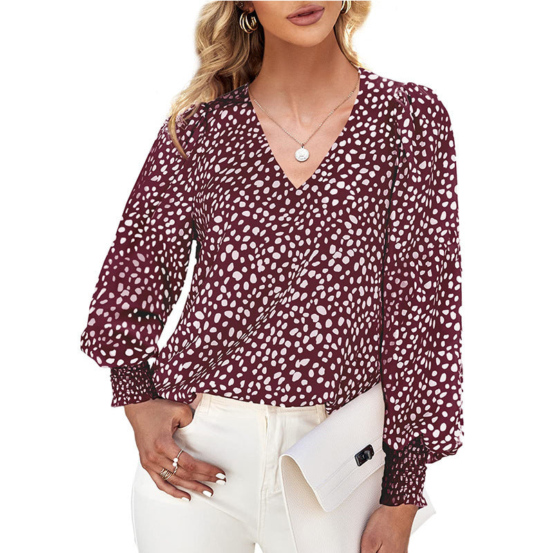 Loose Printed Long Sleeve V-neck Chiffon Shirt For Women