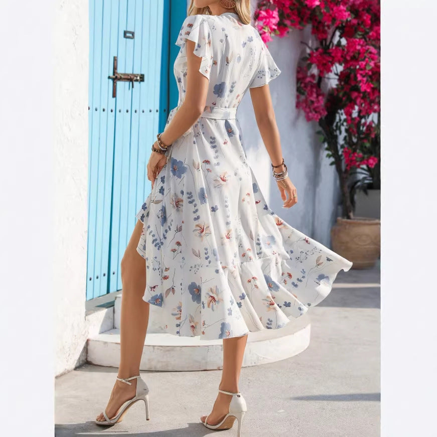 Women's Printed Ruffle-Trimmed Short-Sleeve Dress