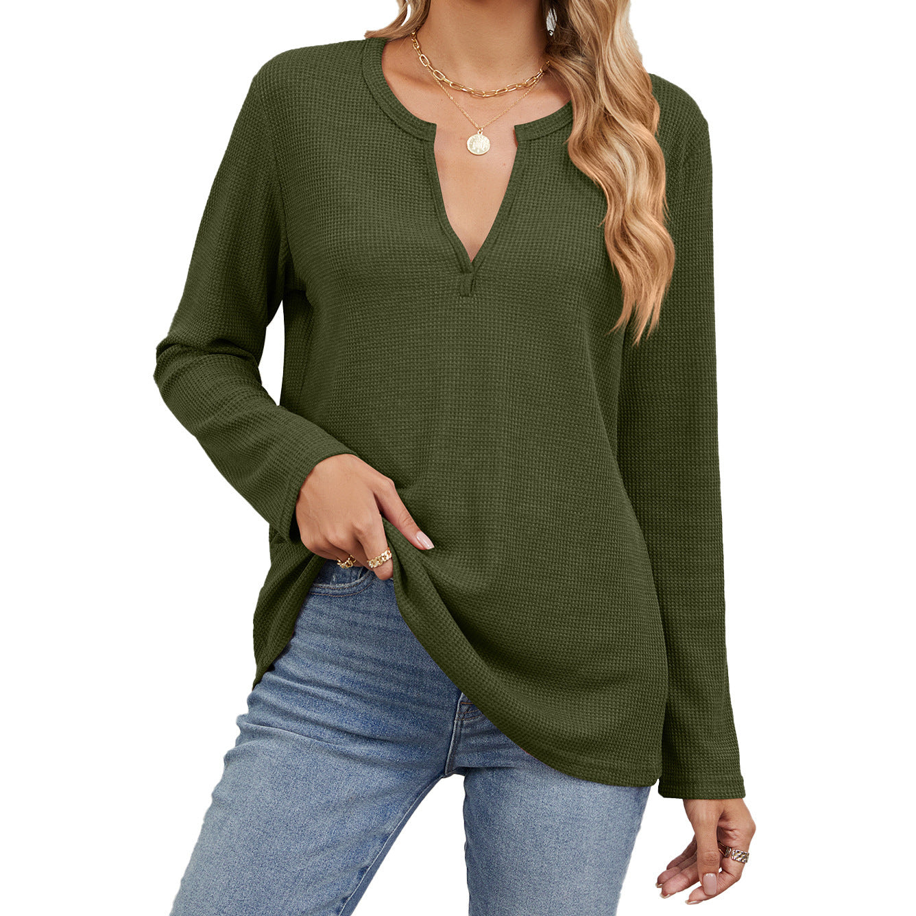 Loose-fitting V-neck Long Sleeves T-shirt Top For Women