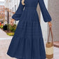 V-neck, Waist-cinched, Layered Puffed-sleeve Dress Fashionable Ruffled Maxi Skirt
