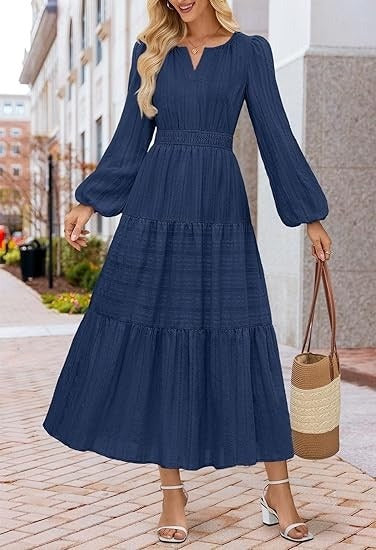 V-neck, Waist-cinched, Layered Puffed-sleeve Dress Fashionable Ruffled Maxi Skirt