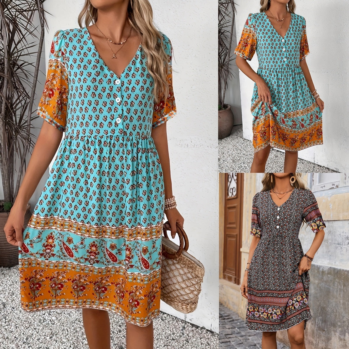 Women V-neck Short Sleeve Bohemian Print Dress