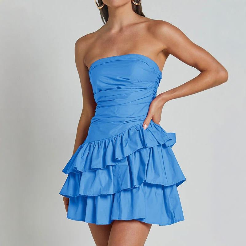 Solid Color Off-neck Dress Summer Women's Slim Fit Tube Top Short Skirt
