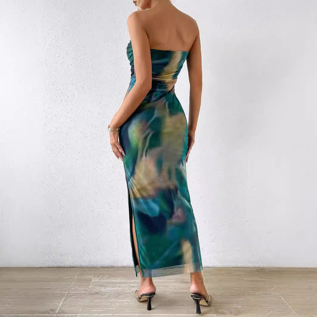 Side Slit Tie-dye Backless Sheath Dress