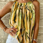 One Button Elegance Sleeveless Round Neck Printed Top