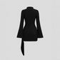 Metal Waist Buckle Minimalist Slightly Flared Sleeve Slim Fit Midi Dress