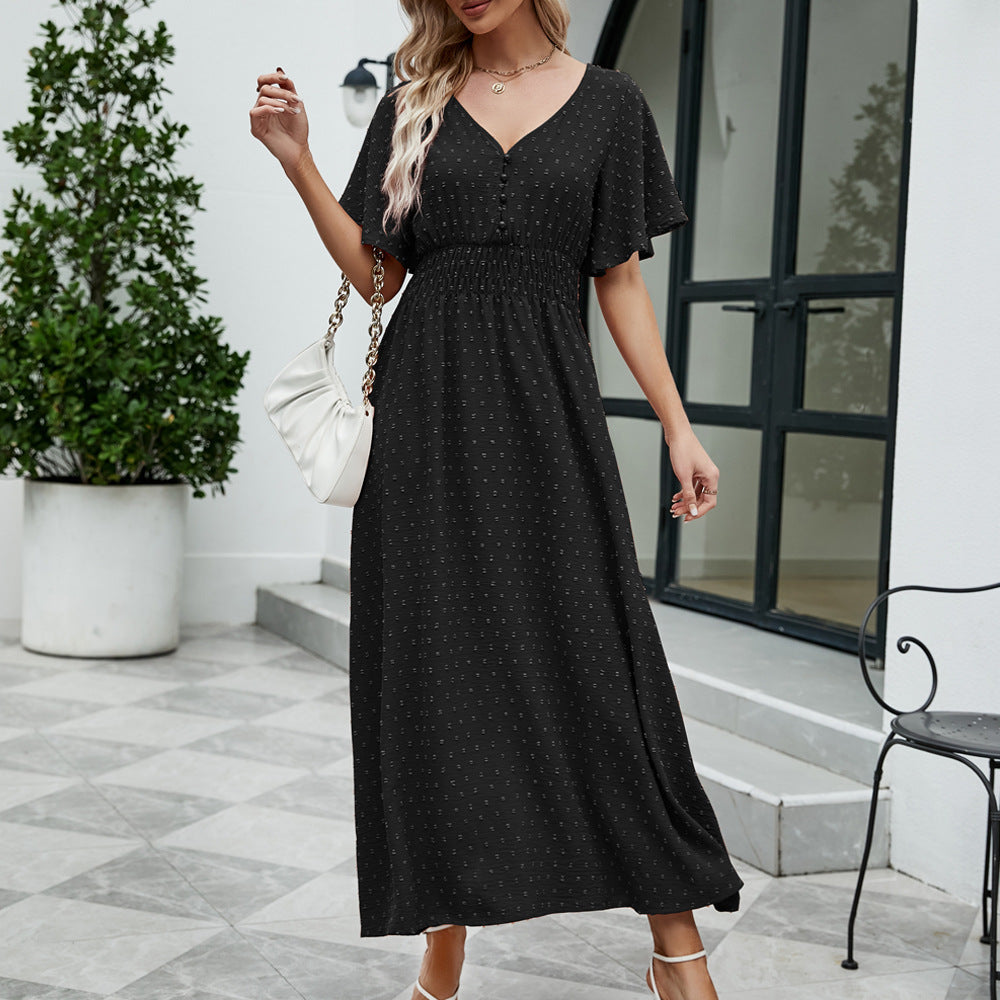 Robe trapèze ample à manches courtes et col en V pour femme