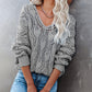 Pure Color Hollow V-neck Knit Long Sleeve Pullover Sweater