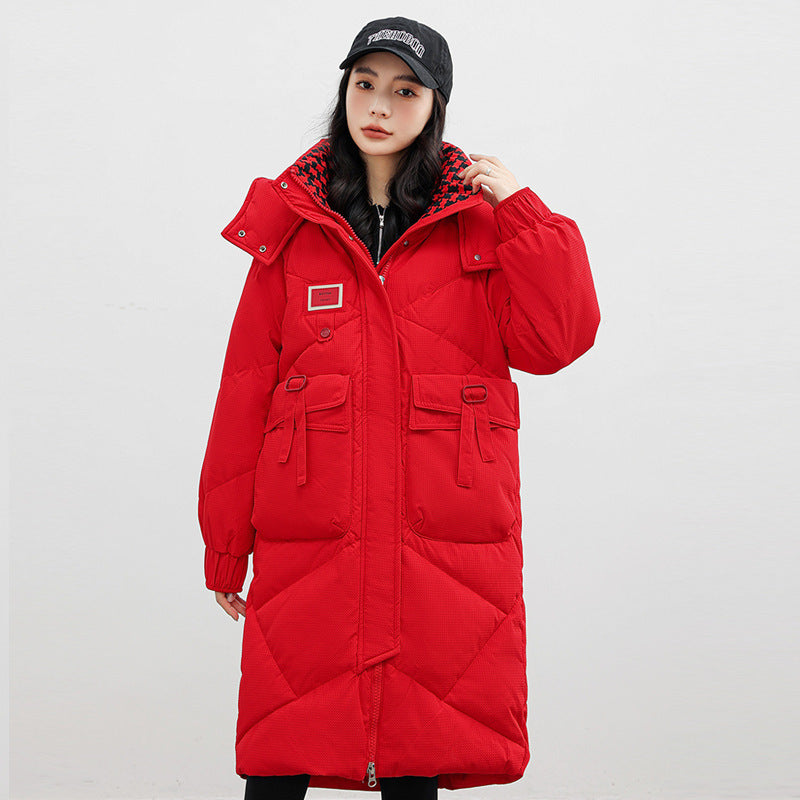 Manteau en coton avec chapeau amovible et doudoune rembourrée au-dessus du genou