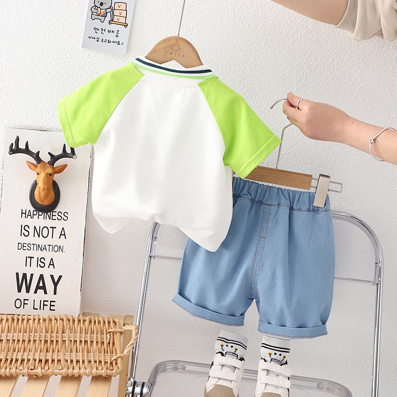 Costume polo en denim tendance pour enfants, motif dessin animé