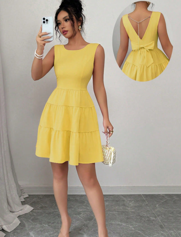 Solid-color Backless Bow-knot Sleeveless Mini Dress