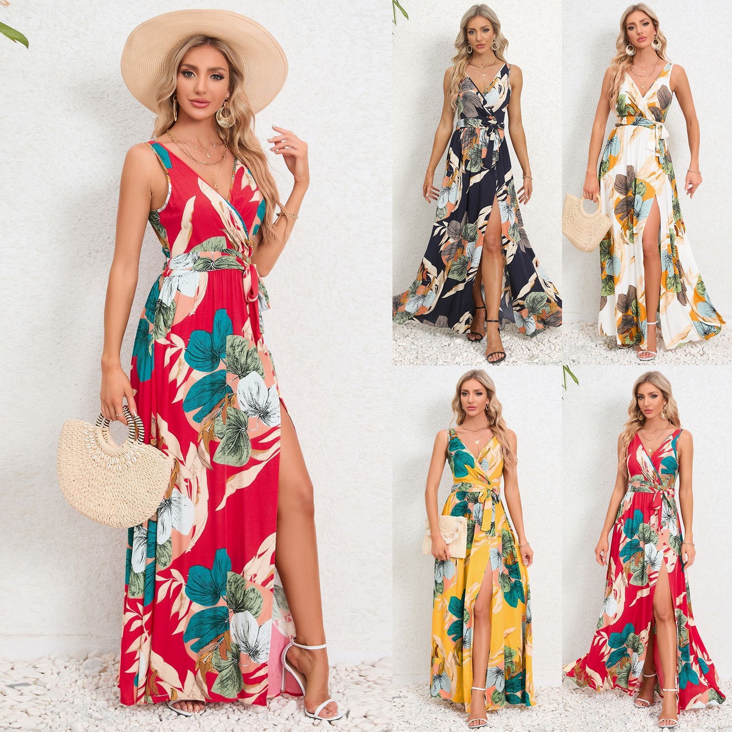 Robe longue à imprimé floral et col en V, mode estivale, taille nouée, fente, sans manches, vêtements pour femmes