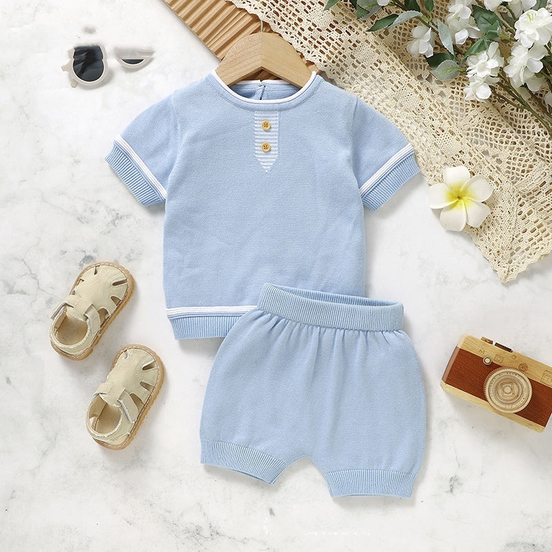 Ensemble chemise et short en tricot à manches courtes et col rond pour bébé, couleur unie