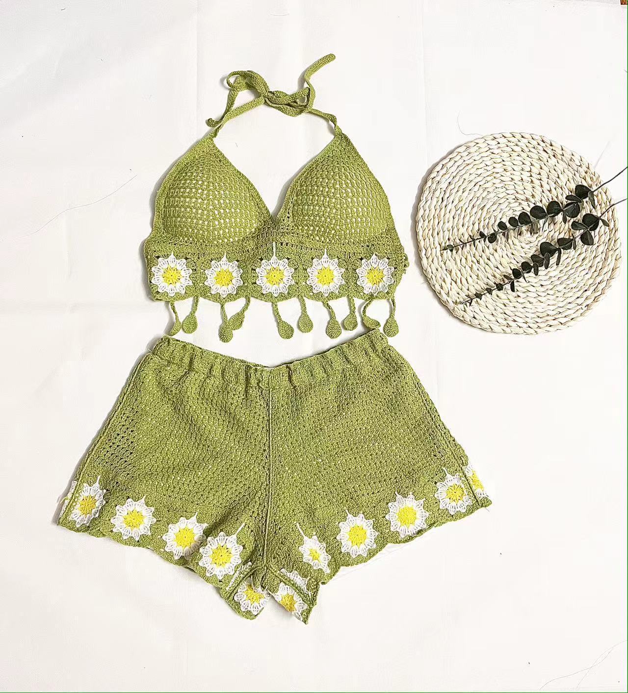 Vacation Style Woven Cutout Sling Slimming Shorts Suit