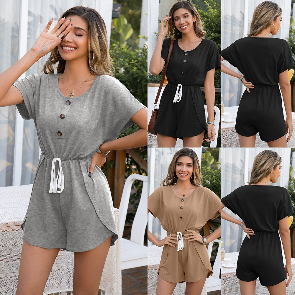 Women's Decorative Button Drawstring Slim Waist Short Sleeve Jumpsuit