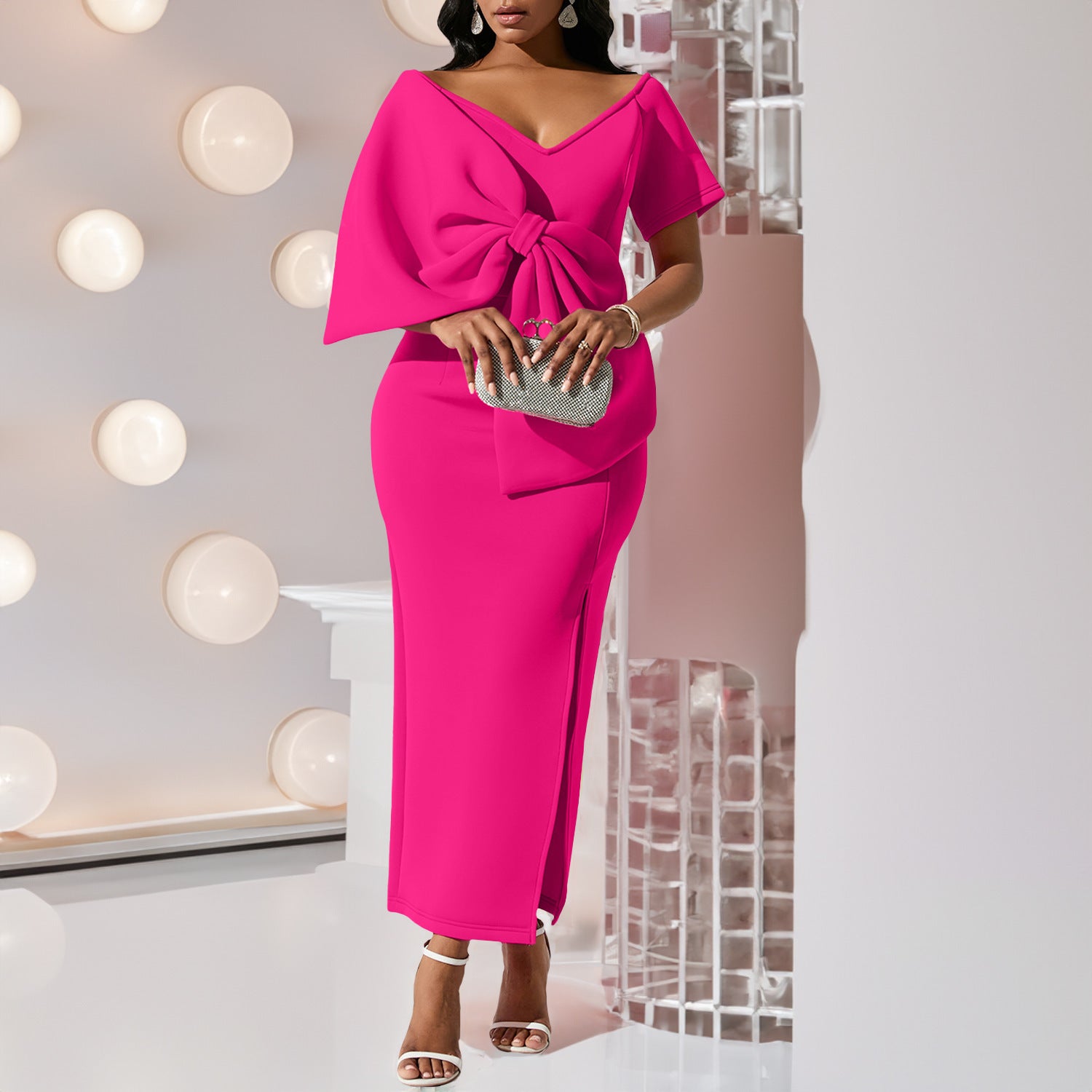 European And American Big Bow Split Sheath Dress