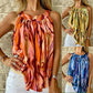 One Button Elegance Sleeveless Round Neck Printed Top