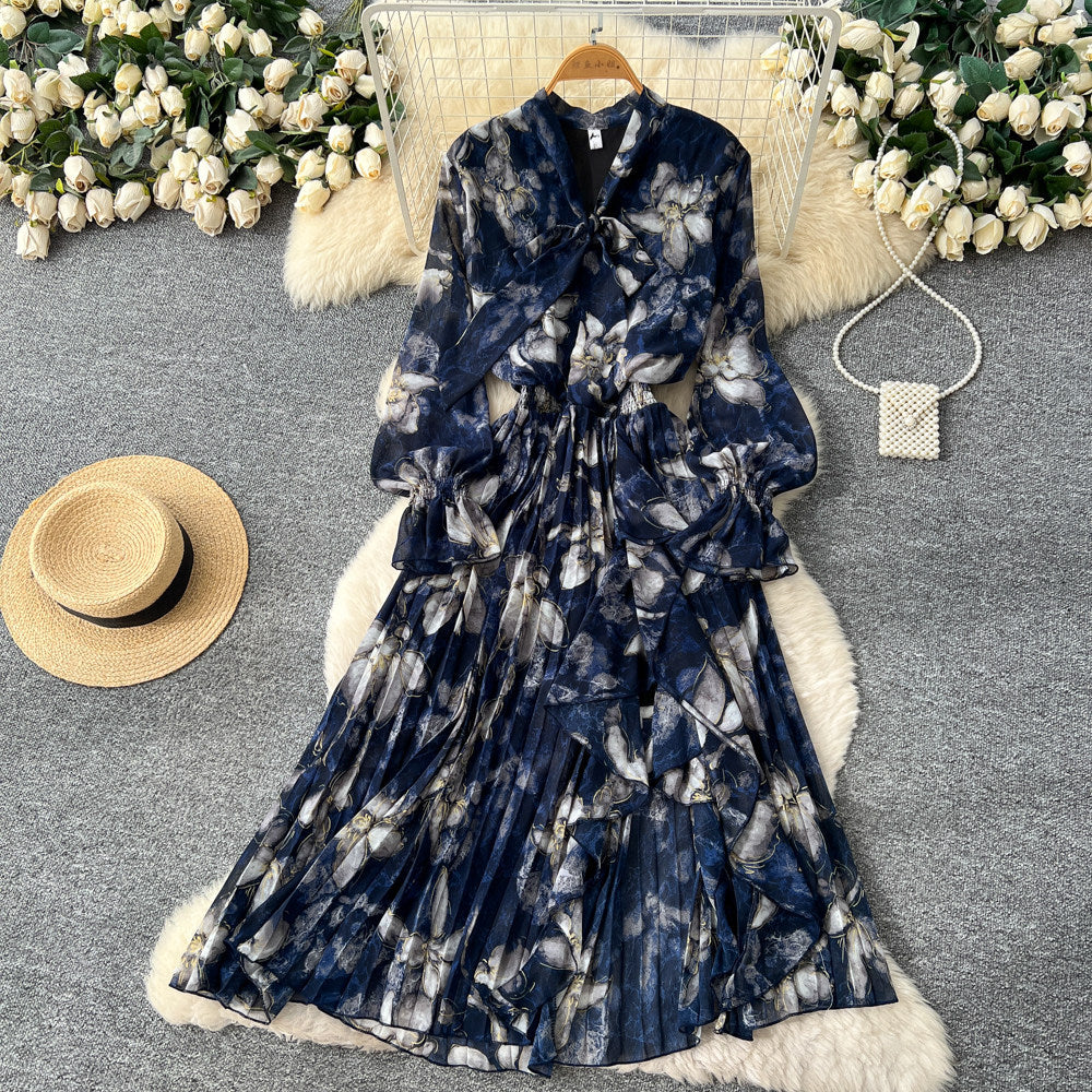 V-Neck Lace-Up Waist-Fitted Printed Chiffon Dress For Women