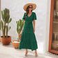 Robe d'été à manches courtes et col en V, design boule de fourrure, taille haute nouée, longue