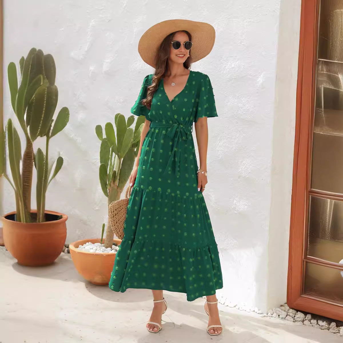 Robe d'été à manches courtes et col en V, design boule de fourrure, taille haute nouée, longue
