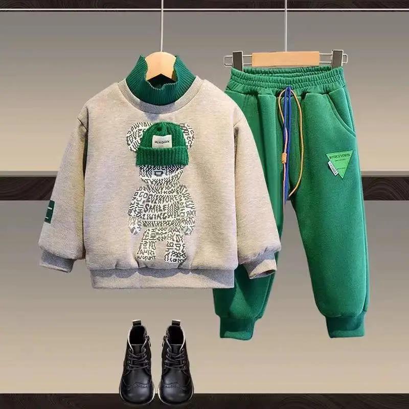 Children's Winter Fleece Lining Sweatshirt And Sweatpants Two-piece Set