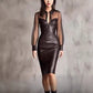 Sheath Dress With Mesh And PU Leather Panels Slim Fit V-Neck Design