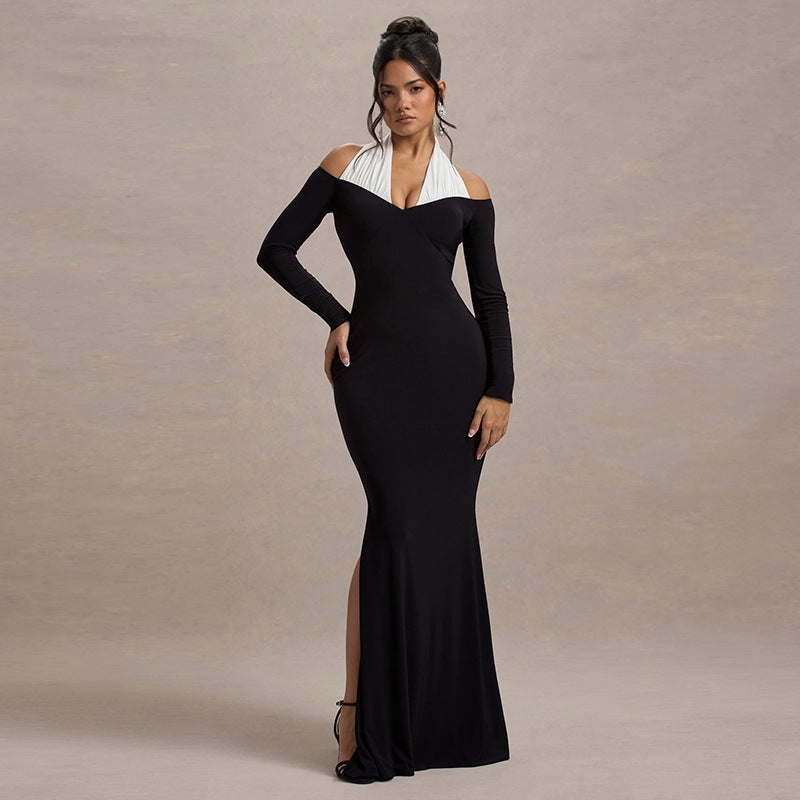 Robe longue moulante à col licou et couleur contrastée pour femme
