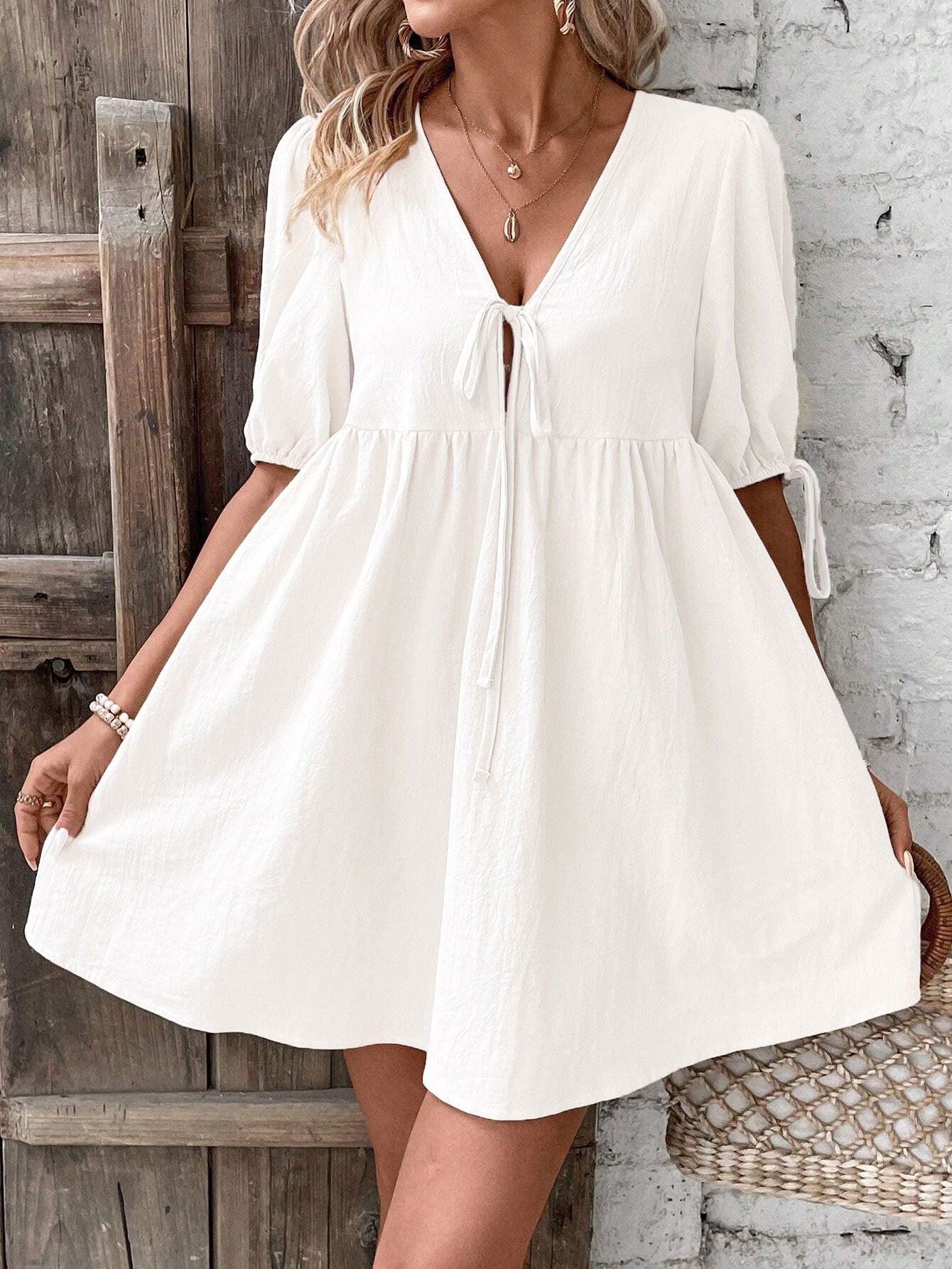 Loose-fit Woven Deep V-neck Designer Tie-front A-line Dress