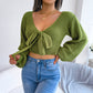 Trendy Bow Knot V-Neck Lantern Sleeve Cropped Sweater
