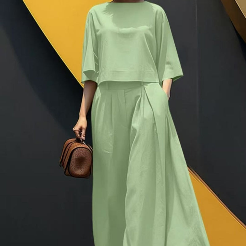 European And American Fashion Suit Solid Color Short Sleeve Loose Trousers Two-piece Set