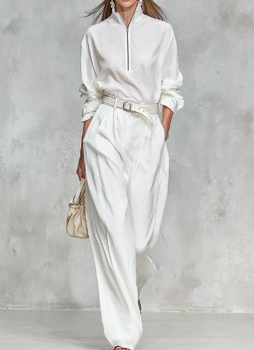 Elegant High Quality Zip Up Collar Long Sleeved Shirt And Wide Leg Pants Set