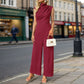 Casual Sleeveless Solid-color Boat-neck Wide-leg Jumpsuit
