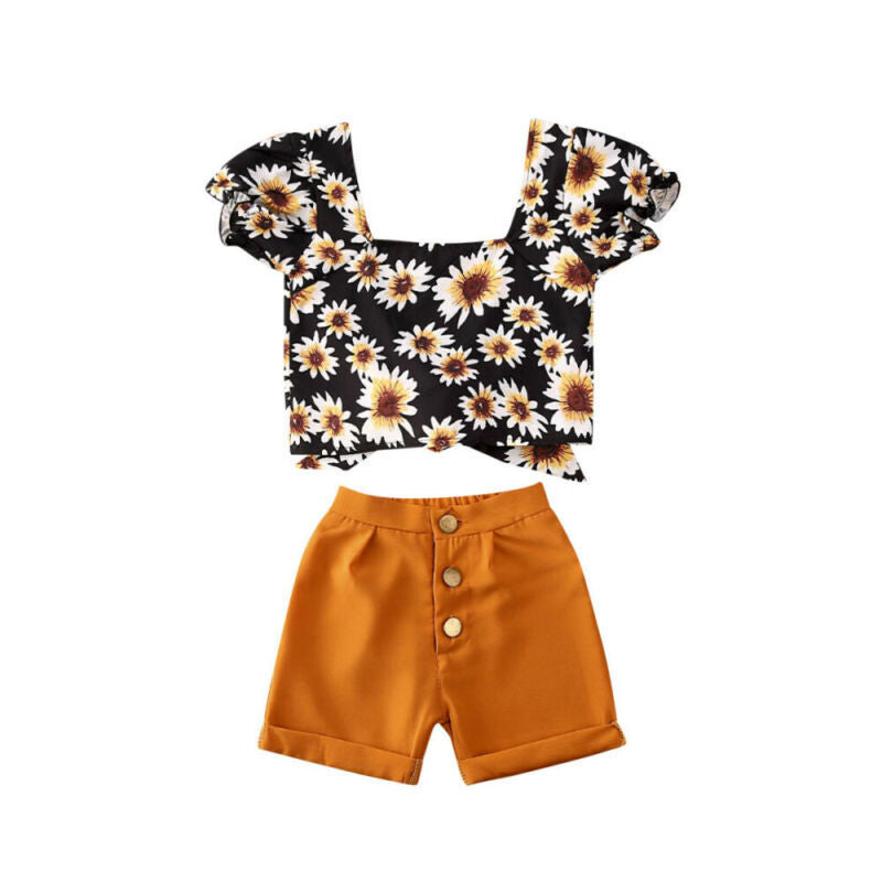 Haut court à lacets et pantalon court à fleurs pour bébé fille