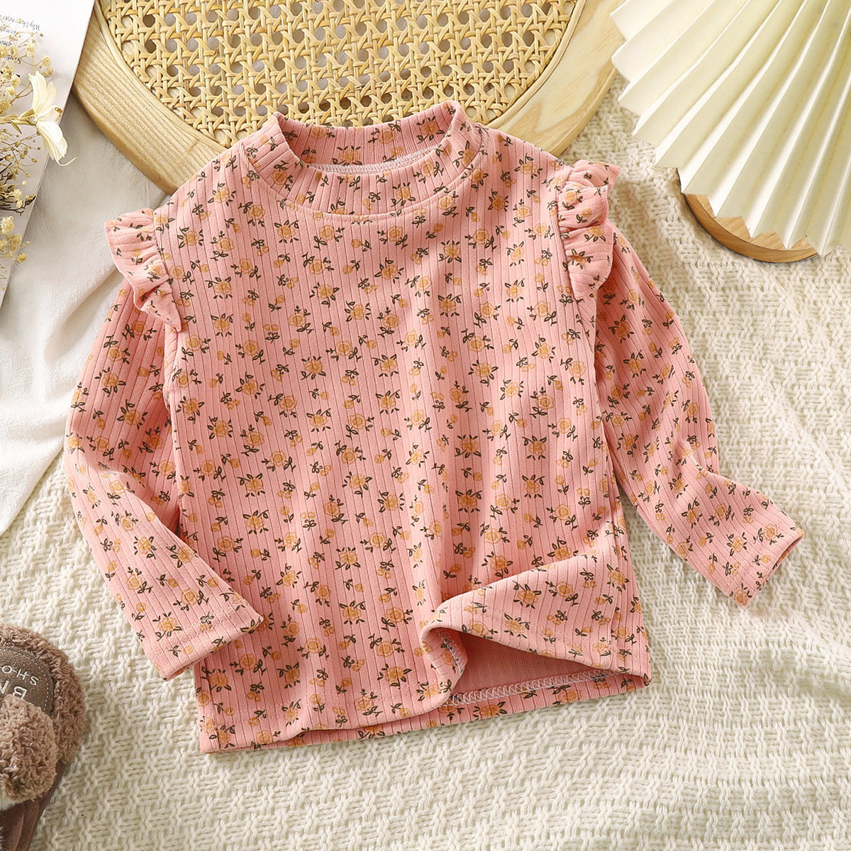 Girls' Autumn And Winter Floral Bottoming Shirt Flounced Sleeve T-shirt