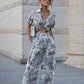Ink Painting Printing Lapel Short Shirt High Waist Wide Leg Pants Two-piece Set