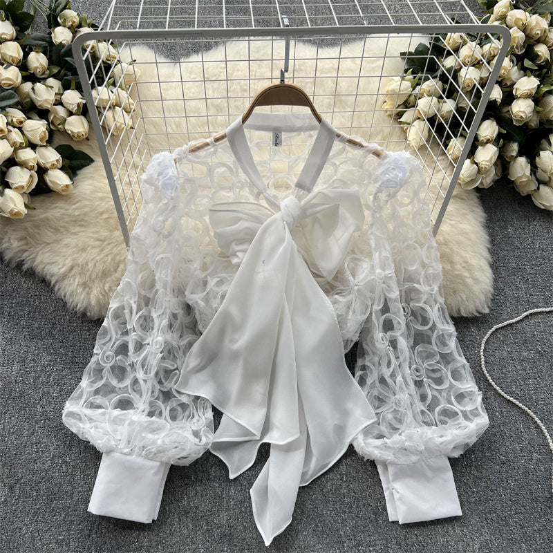 Fashionable Western Style Tie Lantern Sleeve Top