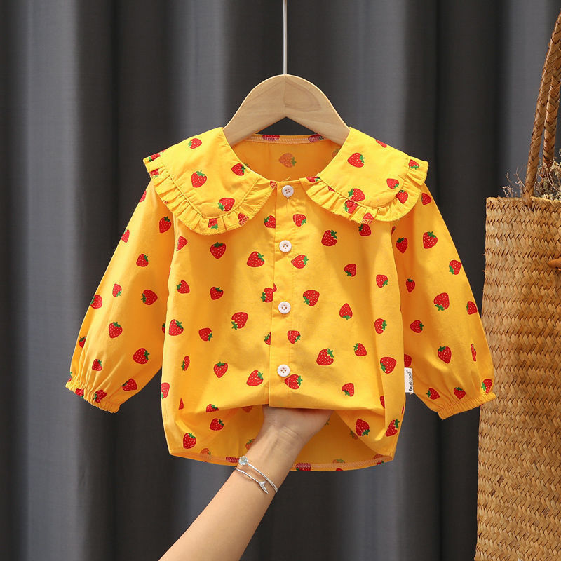Chemisier à manches longues fraise, vêtements de printemps à la mode pour petite fille