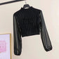Round Neck Lantern Sleeve Chiffon Patchwork Sweater