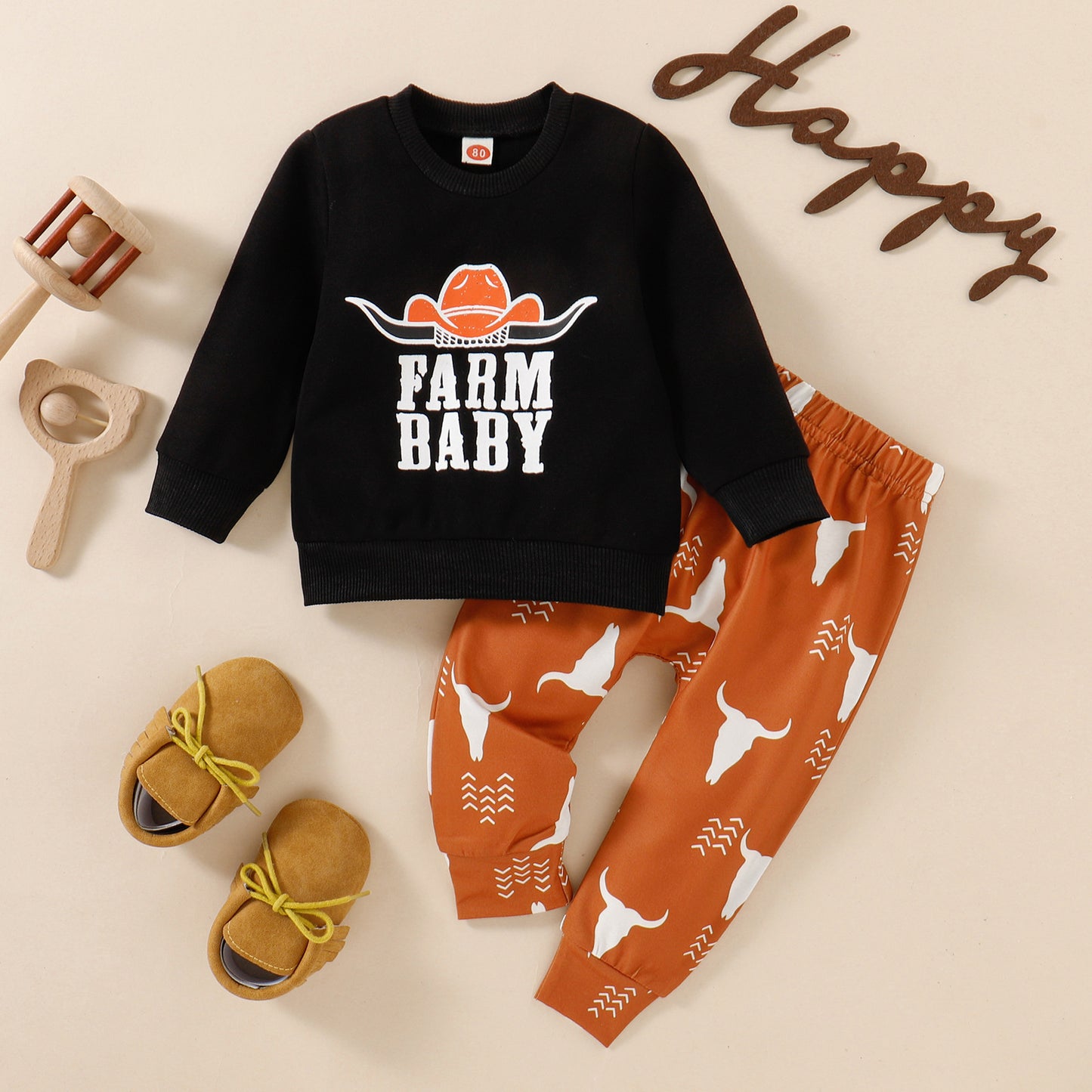 Children's Autumn Cow Head Letter Print Pullover Sweater And Trousers Suit